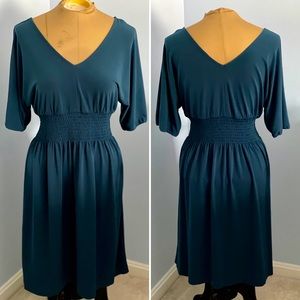 Jersey dress with shirred waist and balloon sleeves